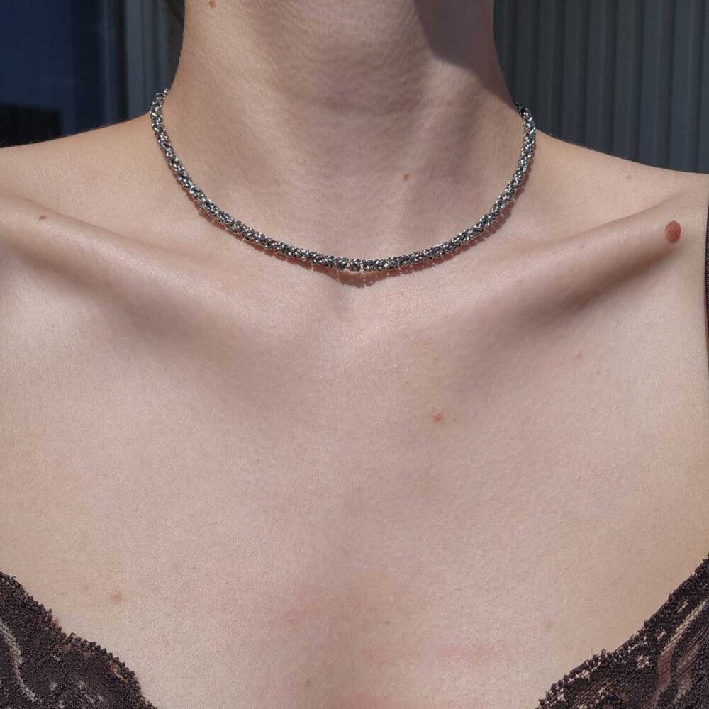 15 inch silver byzantine chain necklace ✦ hand crafted mini chain mail necklace - Picture 2 of 10